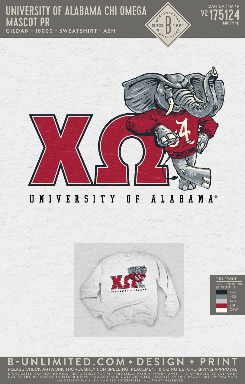 University of Alabama Chi Omega - RO5 - Mascot PR (EOS26) - Gildan - 18000 - Crewneck Sweatshirt - Ash Grey