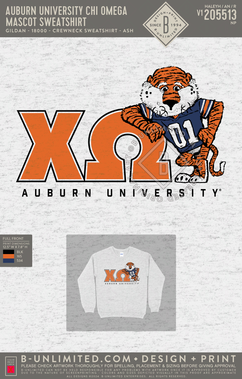 Auburn University Chi Omega - RO - Mascot Sweatshirt (EOS26) - Gildan - 18000 - Crewneck Sweatshirt - Ash Grey