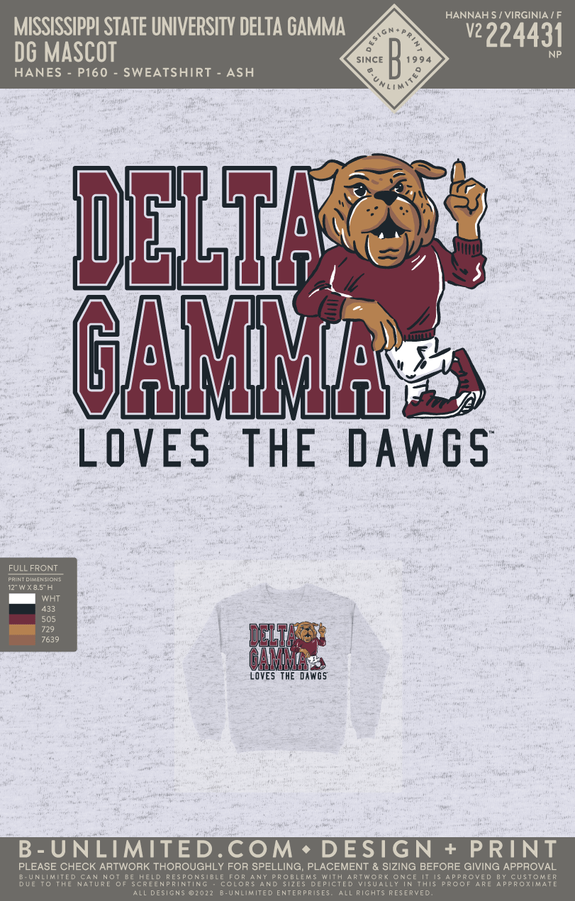 Mississippi State University Delta Gamma - DG Mascot(EOS26) - Hanes - P160 - Sweatshirt - Ash