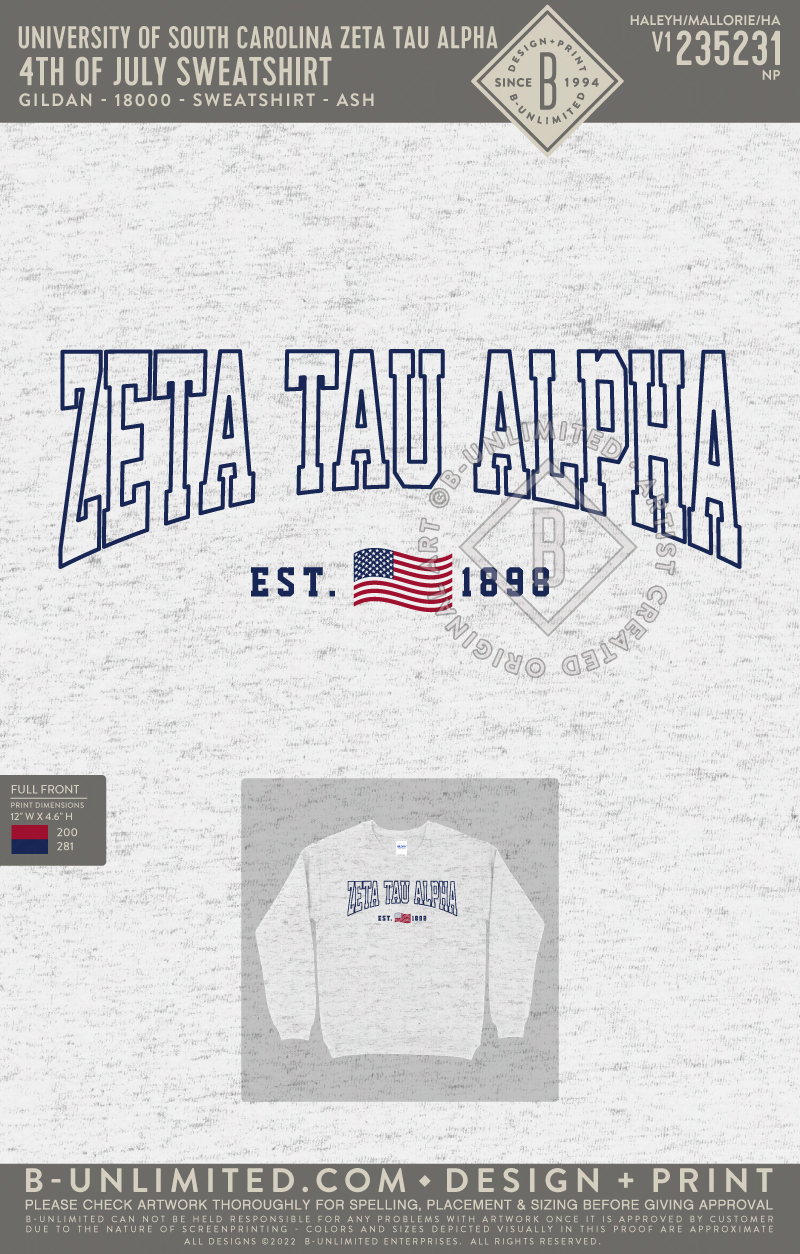 University of South Carolina Zeta Tau Alpha - 4th of July Sweatshirt (EOS26) - Gildan - 18000 - Crewneck Sweatshirt - Ash Grey