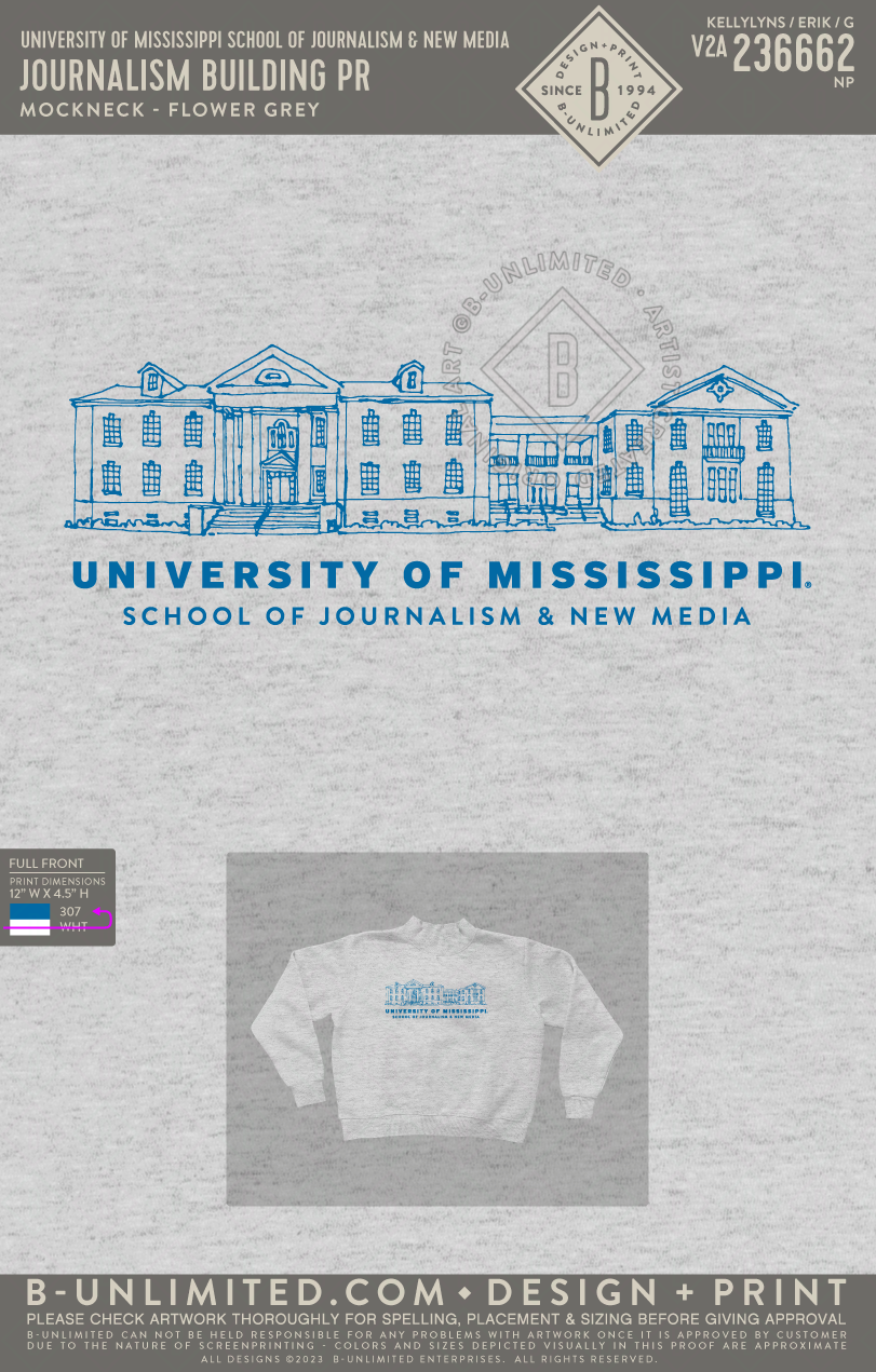 University of Mississippi School of Journalism & New Media - Journalism Building PR - Tap Stitch - WW0004-P001-V2 - Mockneck Crewneck Sweatshirt - Flower Grey