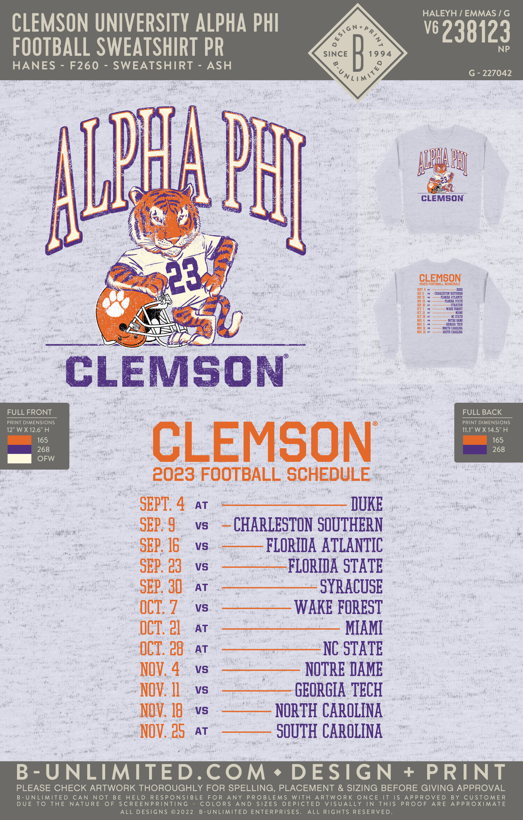 Clemson University Alpha Phi - Football Sweatshirt PR - Hanes - F260 - Sweatshirt - Ash