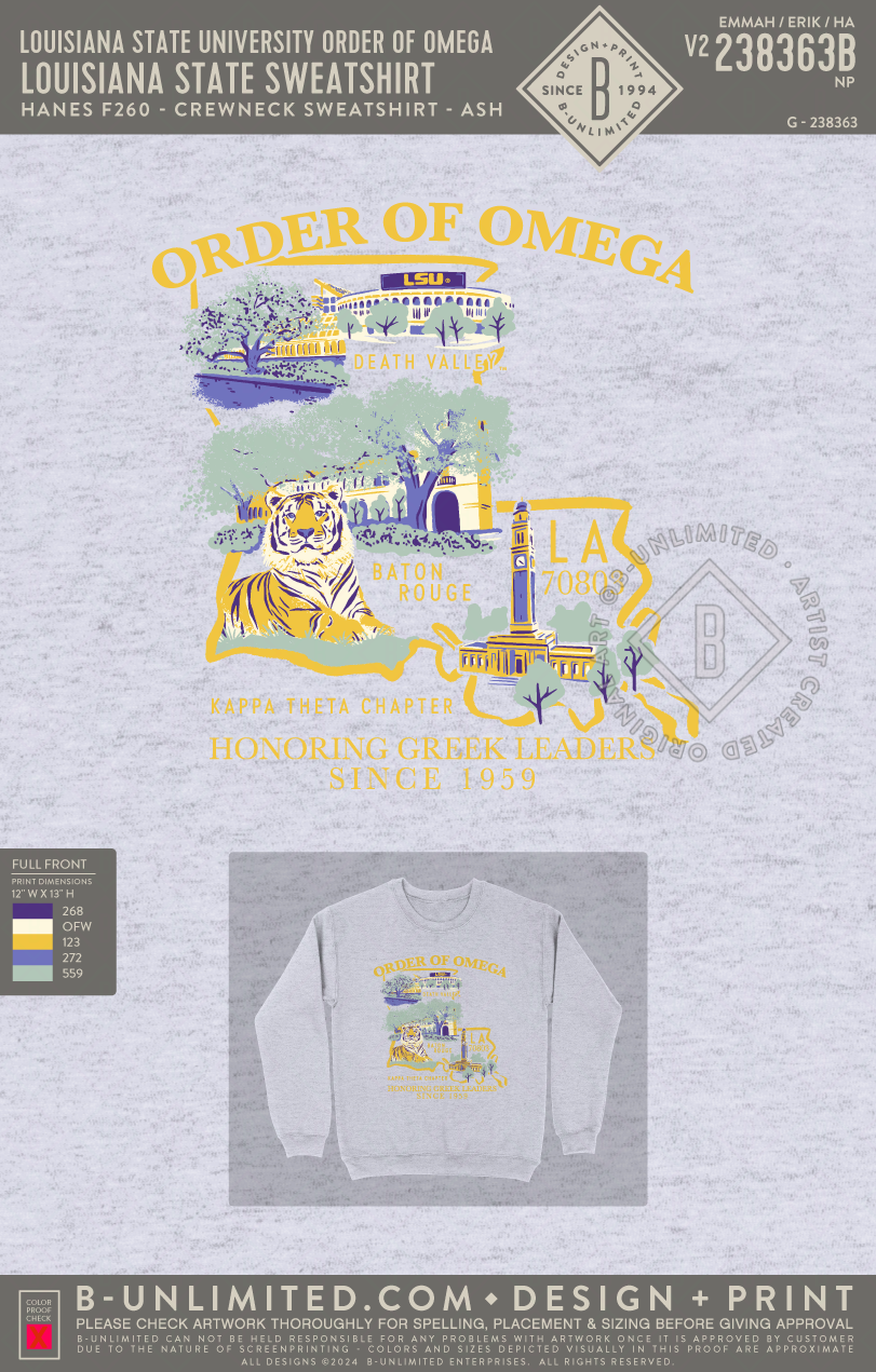 Louisiana State University Order of Omega - Louisiana State Sweatshirt - Hanes - F260 - Sweatshirt - Ash