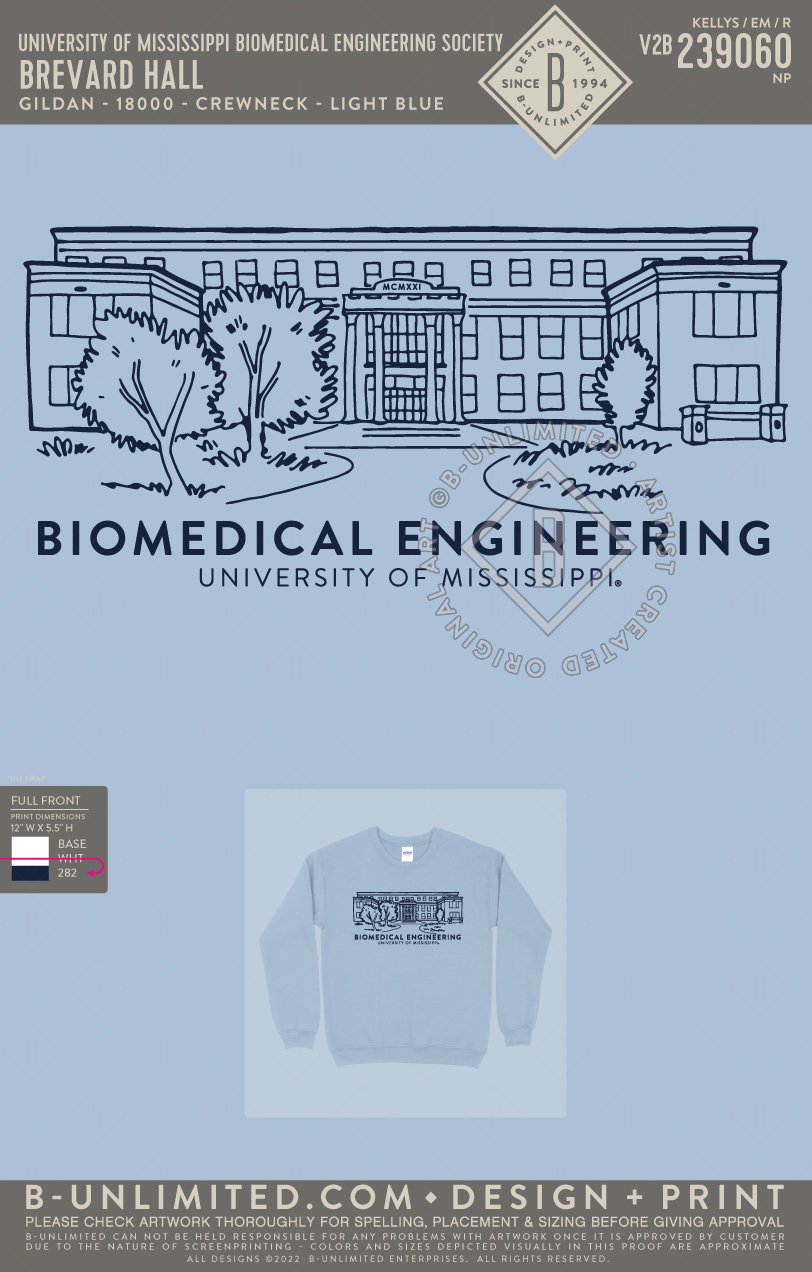 University of Mississippi Biomedical Engineering Society - Brevard Hall - Gildan - 18000 - Crewneck Sweatshirt - Light Blue