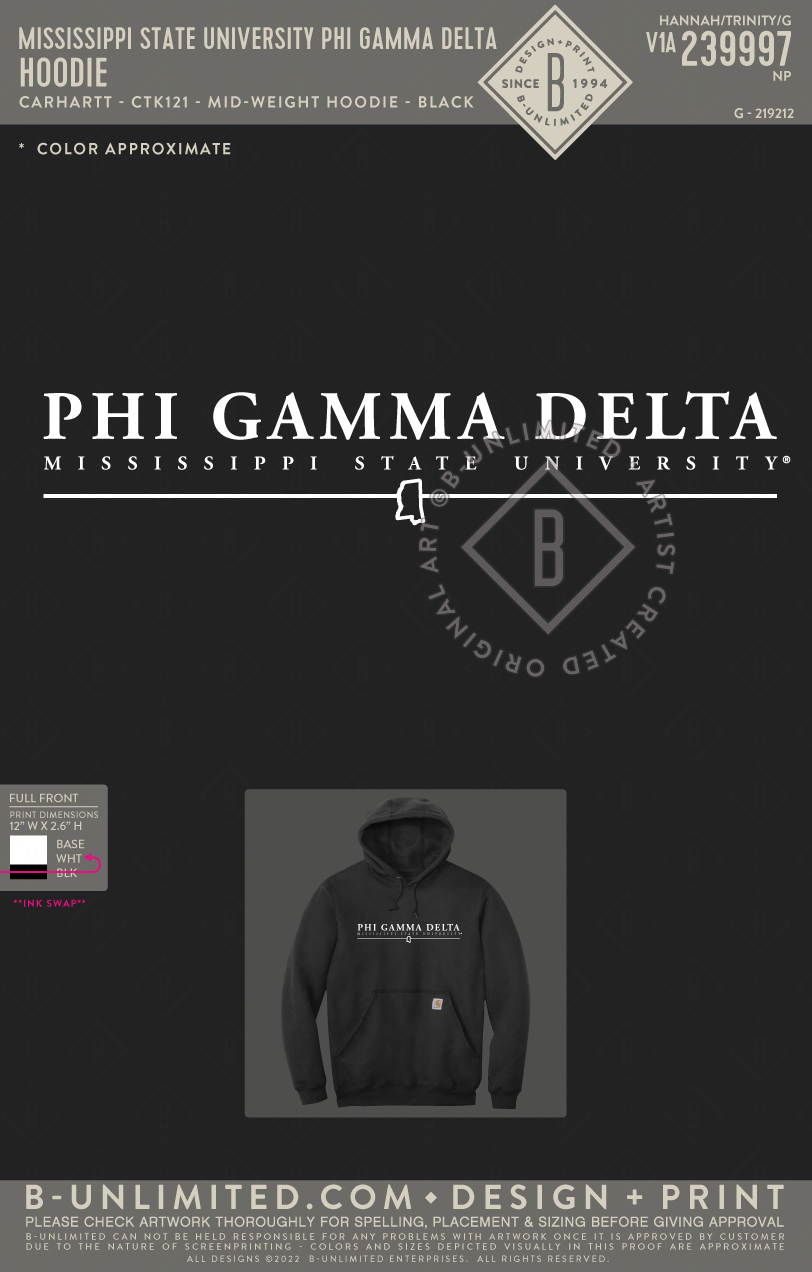 Mississippi State University Phi Gamma Delta - Hoodie - Carhartt - CTK121 - Mid-Weight Hoodie - Black