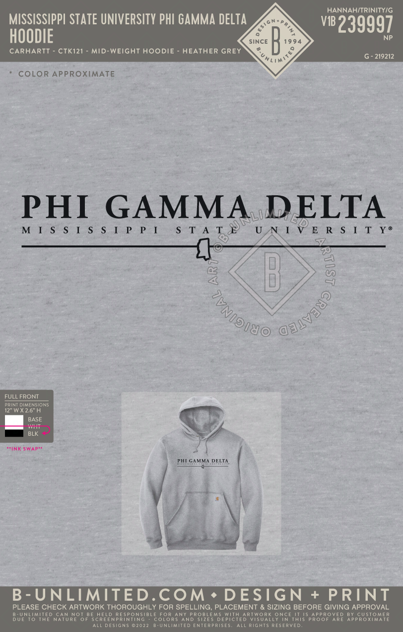 Mississippi State University Phi Gamma Delta - Hoodie - Carhartt - CTK121 - Mid-Weight Hoodie - Heather Grey
