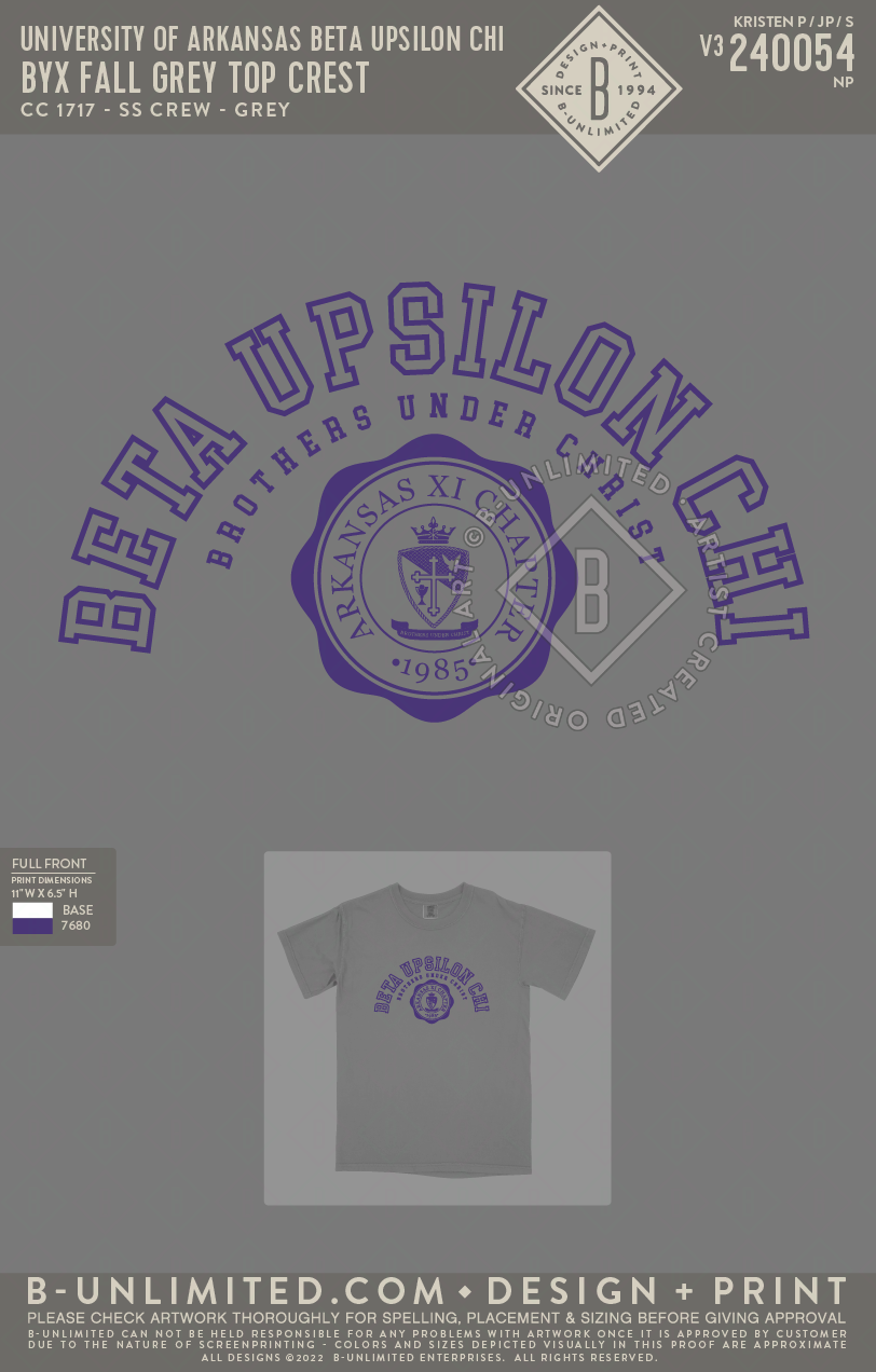 University of Arkansas Beta Upsilon Chi - BYX FALL Grey Top Crest - CC - 1717 - SS Crew - Grey