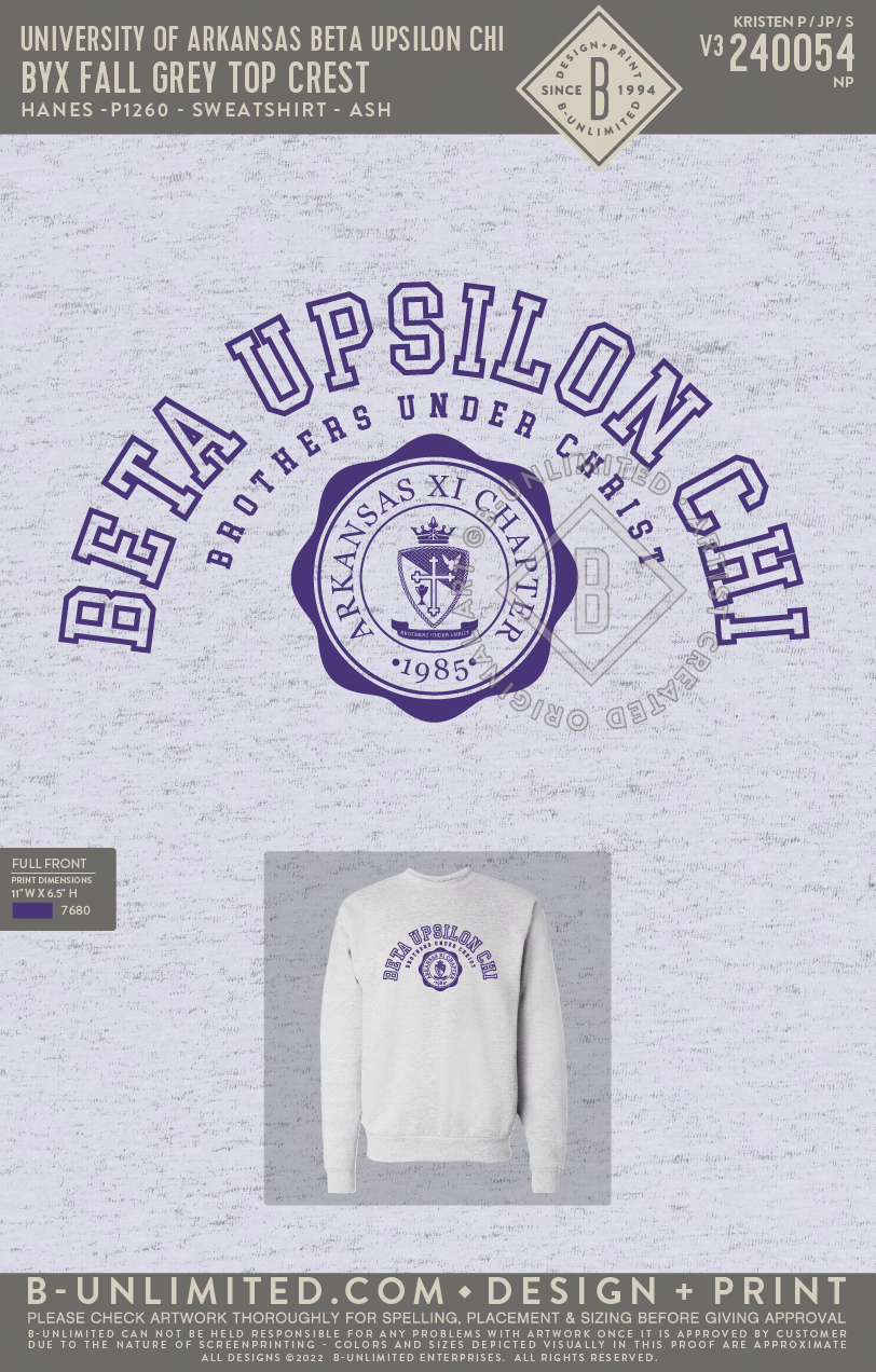 University of Arkansas Beta Upsilon Chi - BYX FALL Grey Top Crest - Hanes - F260 - Sweatshirt - Ash