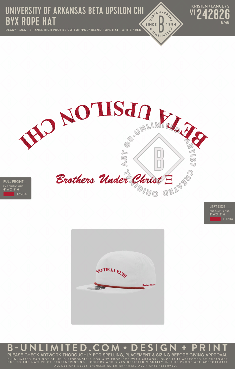 University of Arkansas Beta Upsilon Chi - BYX Rope Hat - Decky - 6032 - 5 Panel High Profile Cotton/Poly Blend Rope Hat - White/Red
