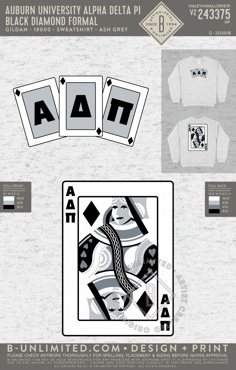 Auburn University Alpha Delta Pi - Black Diamond Formal (72hoursale24) - Gildan - 18000 - Crewneck Sweatshirt - Ash Grey