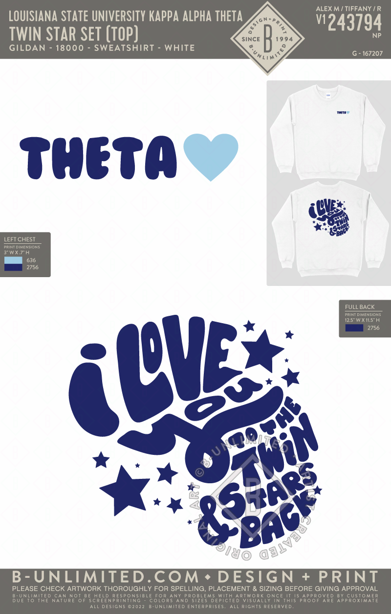 Louisiana State University Kappa Alpha Theta - Twin Star Set (top) (EOS26) - Gildan - 18000 - Crewneck Sweatshirt - White