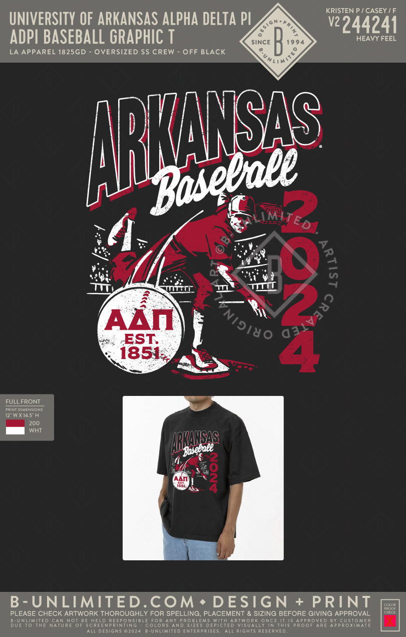 University of Arkansas Alpha Delta Pi - ADPI Baseball Graphic T - LA Apparel - 1825GD - Oversized SS Crew - Off Black