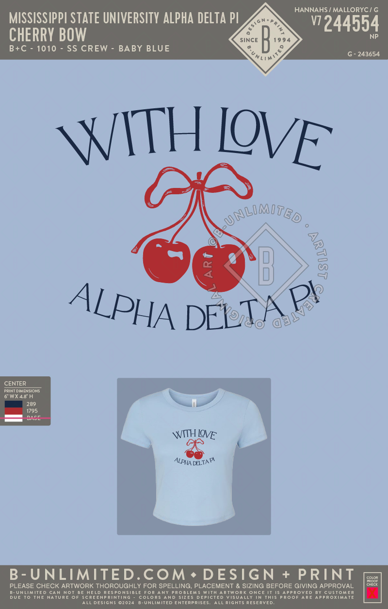 Mississippi State University Alpha Delta Pi - Cherry Bow - B+C - 1010 - SS Crew - Solid Baby Blue