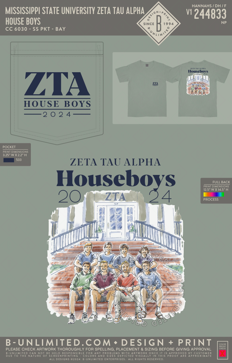 Mississippi State University Zeta Tau Alpha - House Boys - CC - 6030 - SS Pocket - Bay