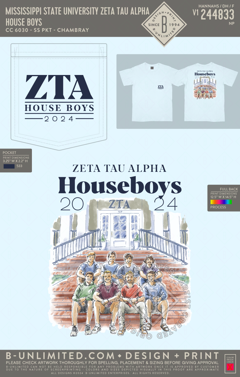 Mississippi State University Zeta Tau Alpha - House Boys - CC - 6030 - SS Pocket - Chambray