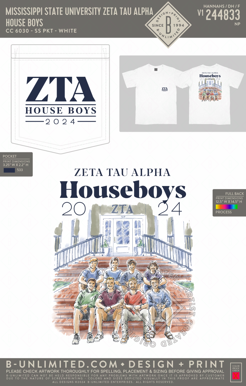 Mississippi State University Zeta Tau Alpha - House Boys - CC - 6030 - SS Pocket - White