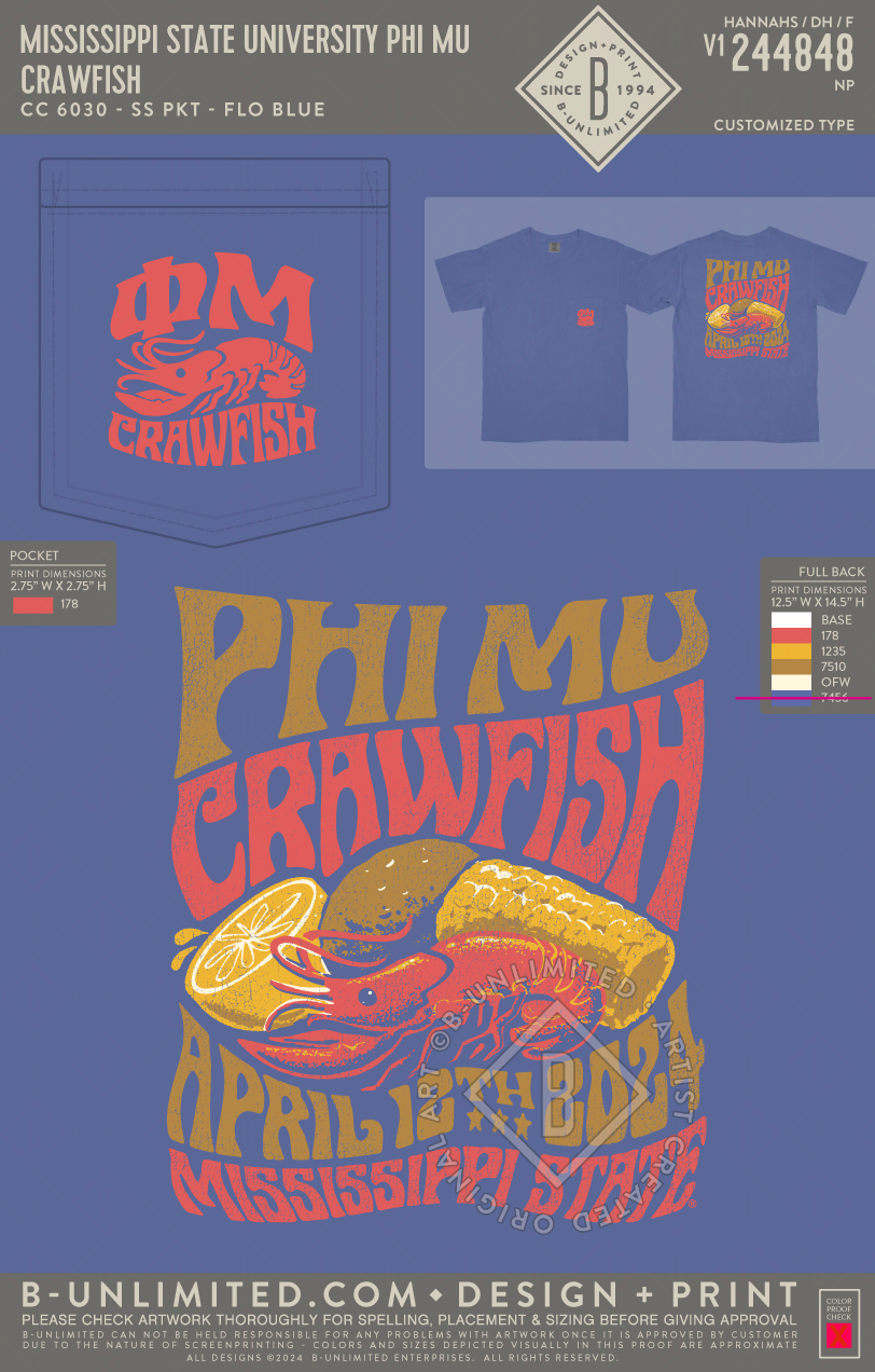 Mississippi State University Phi Mu - Crawfish (72hoursale24) - CC - 6030 - SS Pocket - Flo Blue