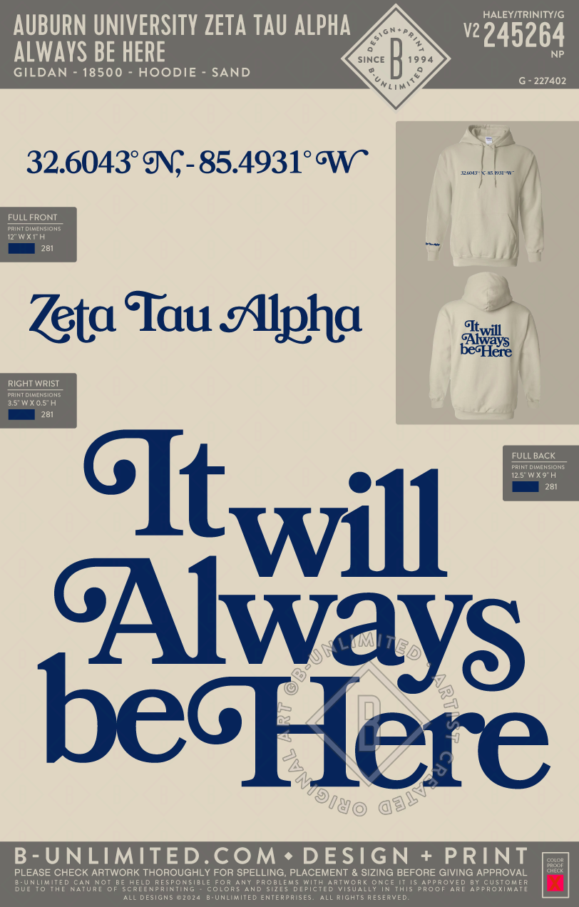 Auburn University Zeta Tau Alpha - Always Be Here - Gildan - 18500 - Hoodie - Sand