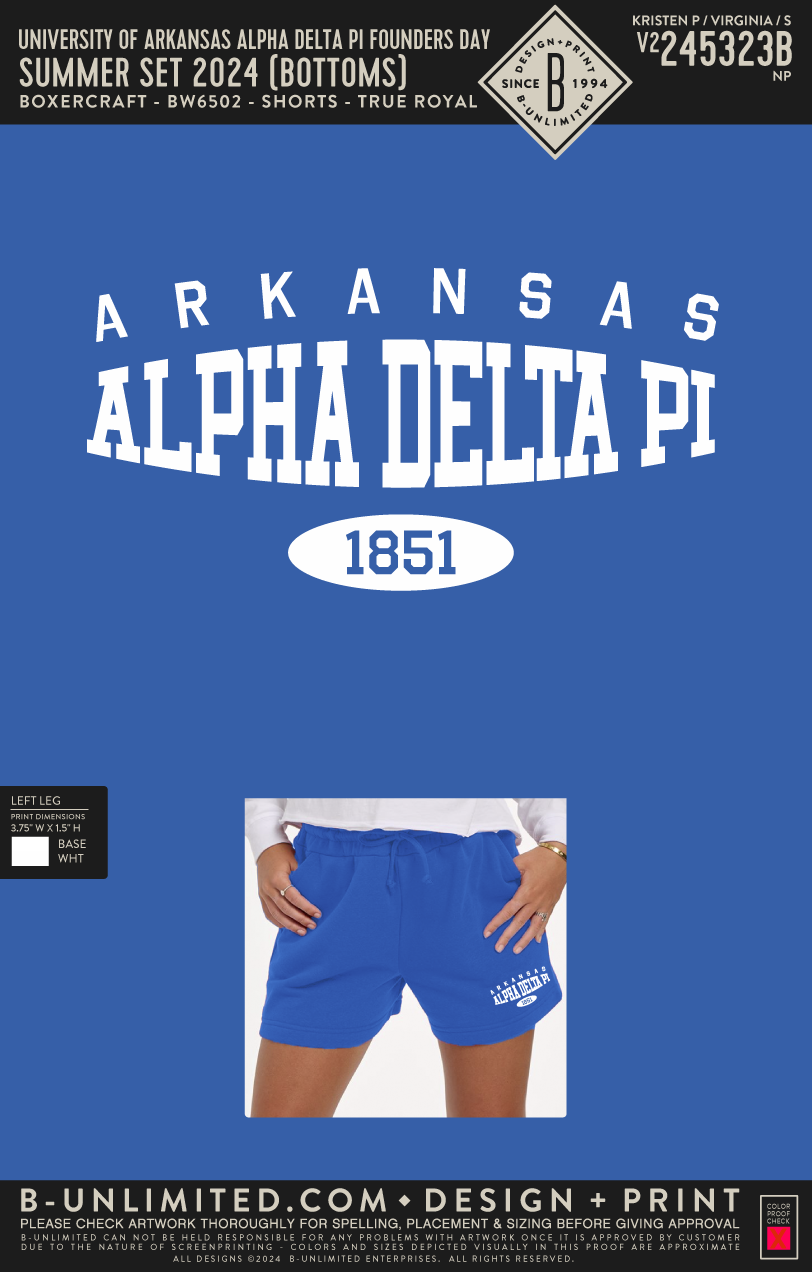 University of Arkansas Alpha Delta Pi - Summer Set 2024 (Bottoms) - Boxercraft - BW6502 - Women's Fleece Shorts - True Royal