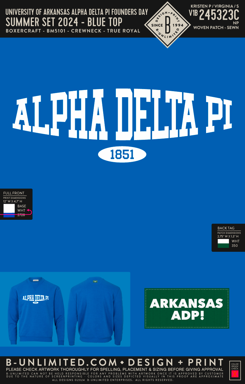 University of Arkansas Alpha Delta Pi - Summer Set 2024 (Blue Top) - Boxercraft - BM5101 - Fleece Crew Pullover - True Royal