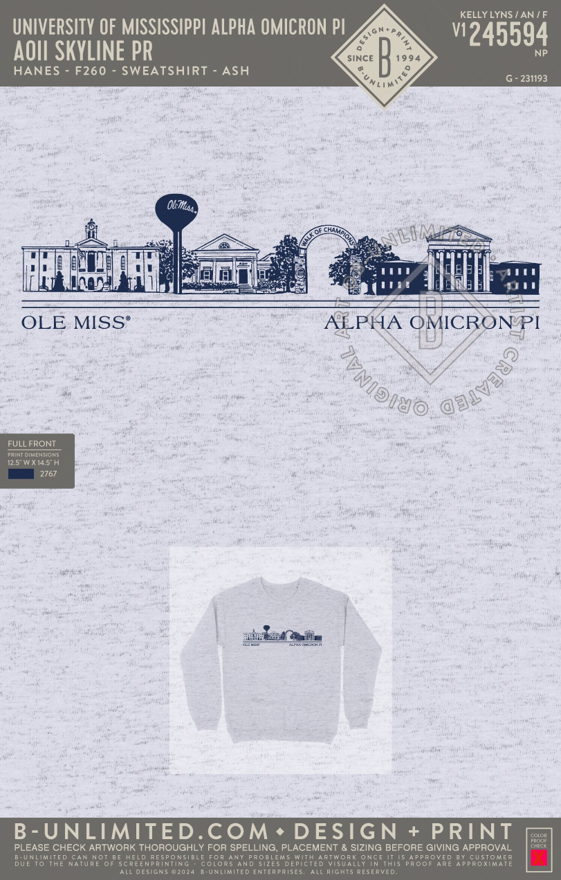 University of Mississippi Alpha Omicron Pi - AOII Skyline PR (EOS26) - Hanes - F260 - Sweatshirt - Ash