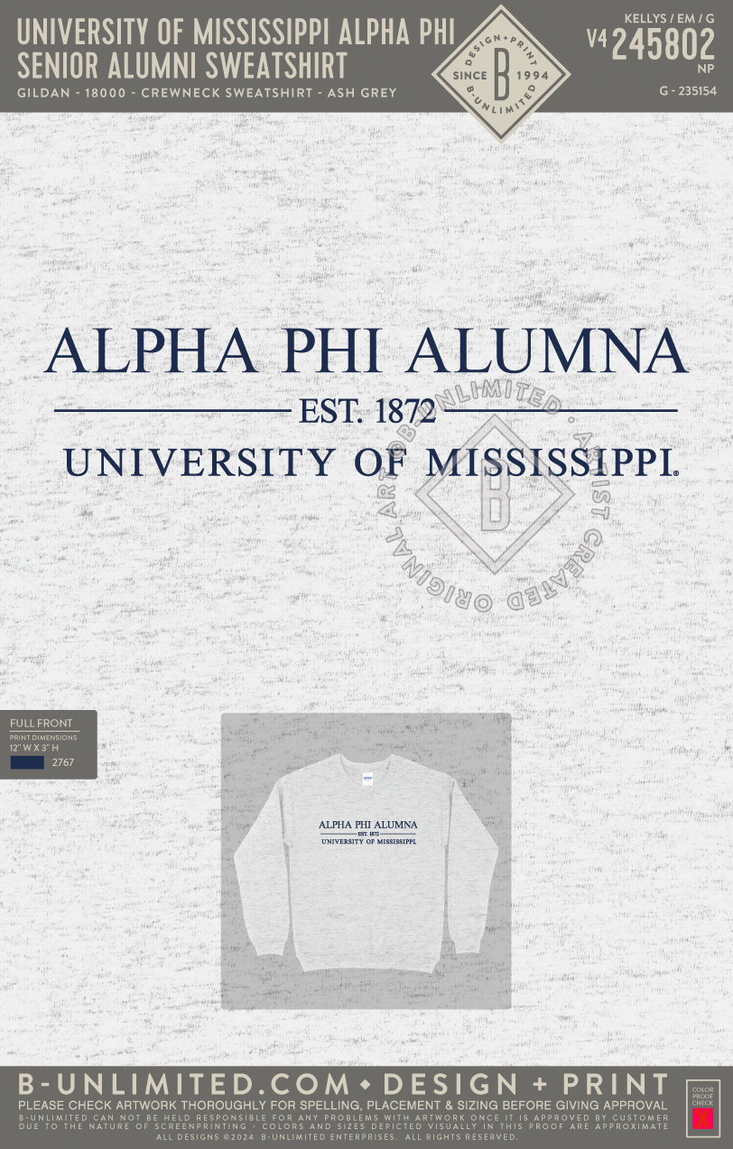 University of Mississippi Alpha Phi - senior alumni sweatshirt - Gildan - 18000 - Crewneck Sweatshirt - Ash Grey