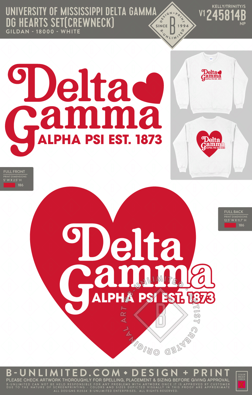 University of Mississippi Delta Gamma - DG Hearts Set (Crewneck) - Gildan - 18000 - Crewneck Sweatshirt - White