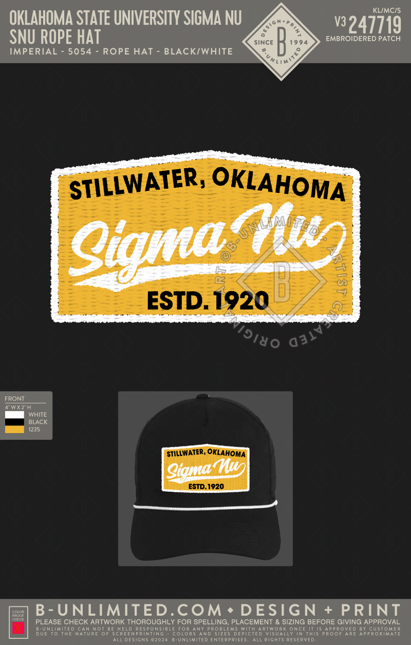 Oklahoma State University Sigma Nu - SNU Rope Hat - Imperial - 5054 - Rope Hat - Black/White