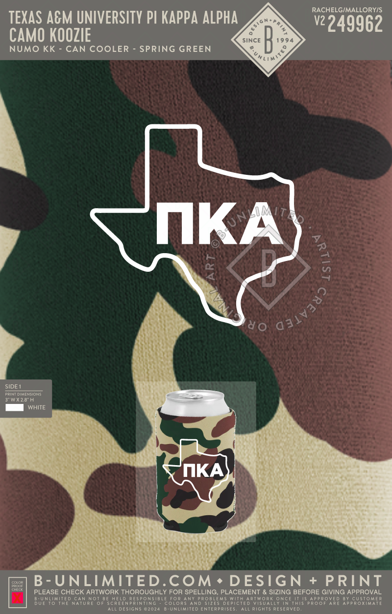 Texas A&M University Pi Kappa Alpha Camo Koozie Numo KK Can Co BUnlimited Custom