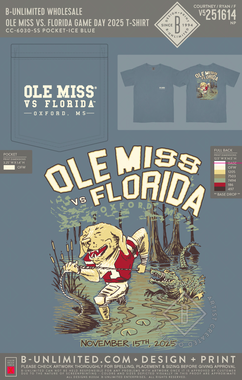 B-Unlimited Wholesale - Ole Miss vs. Florida Game Day 2025 T-shirt (WS) - CC - 6030 - SS Pocket - Ice Blue