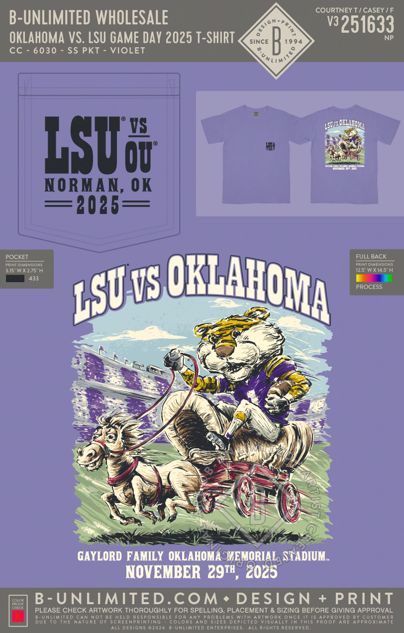 B-Unlimited Wholesale - Oklahoma vs. LSU Game Day 2025 T-shirt (WS) - CC - 6030 - SS Pocket - Violet