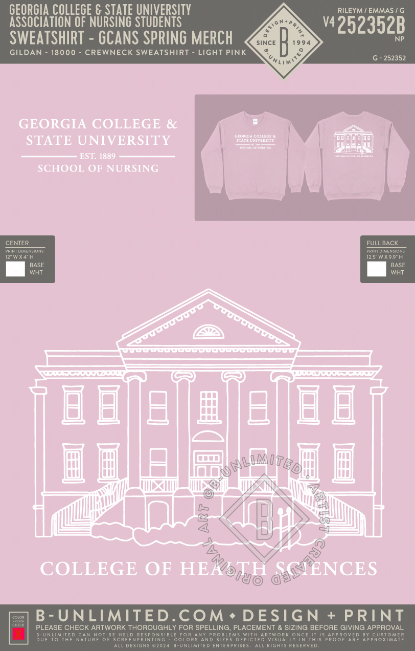 Georgia College & State University Association of Nursing Students - Sweatshirt - GCANS Spring Merch - Gildan - 18000 - Crewneck Sweatshirt - Light Pink