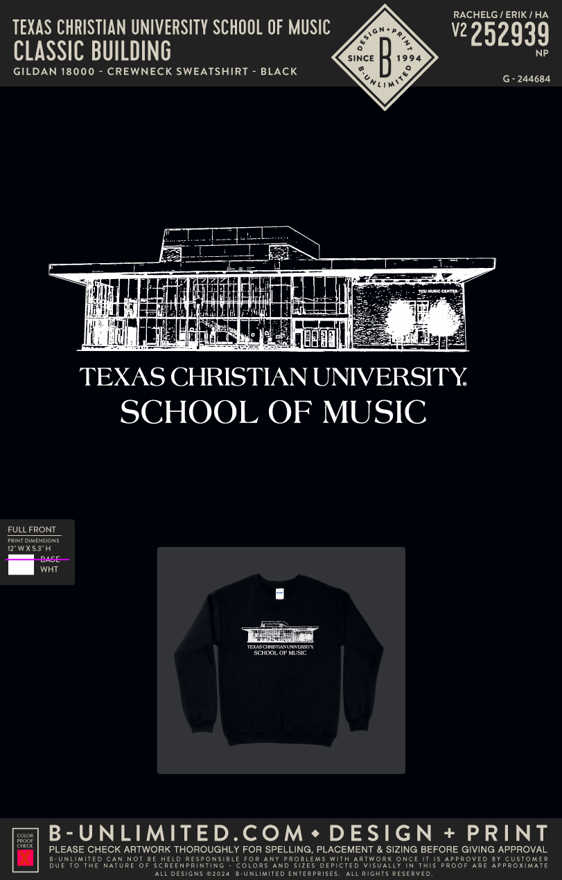 Texas Christian University School of Music - Classic Building - Gildan - 18000 - Crewneck Sweatshirt - Black