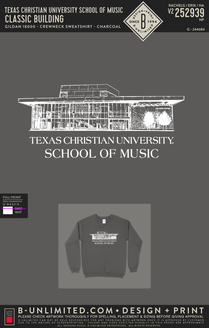 Texas Christian University School of Music - Classic Building - Gildan - 18000 - Crewneck Sweatshirt - Charcoal