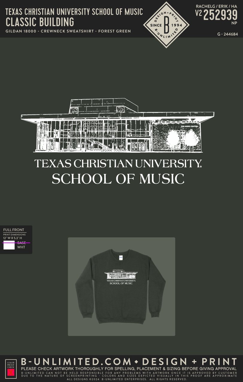 Texas Christian University School of Music - Classic Building - Gildan - 18000 - Crewneck Sweatshirt - Forest Green