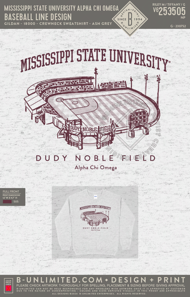 Mississippi State University Alpha Chi Omega - Baseball Line Design - Gildan - 18000 - Crewneck Sweatshirt - Ash Grey