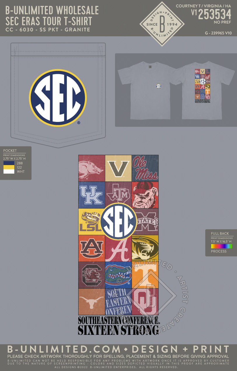 B-Unlimited Wholesale - SEC Eras Tour T-Shirt - CC - 6030 - SS Pocket - Granite
