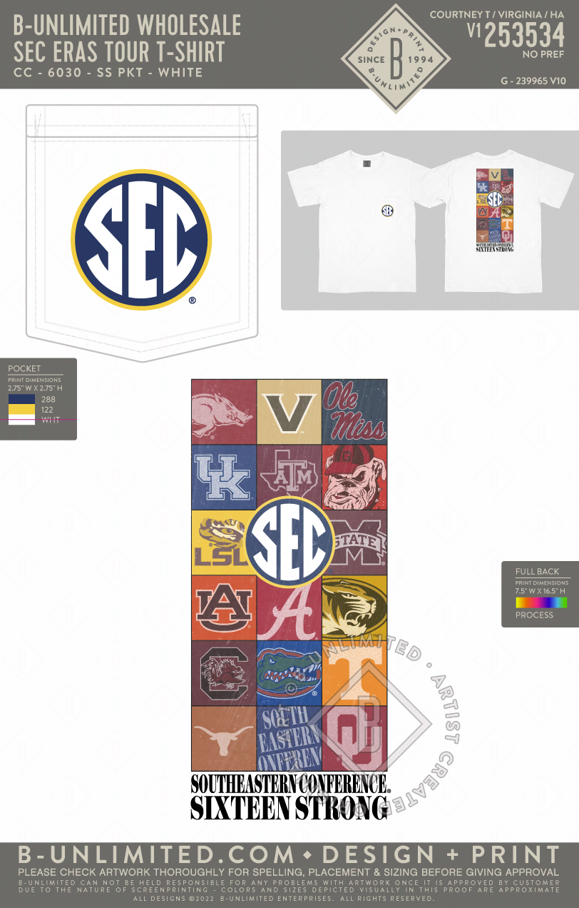 B-Unlimited Wholesale - SEC Eras Tour T-Shirt - CC - 6030 - SS Pocket - White