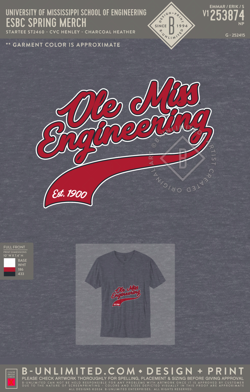 University of Mississippi School of Engineering - ESBC Spring Merch - Star Tee - ST2460 - SS Henley - Charcoal Heather