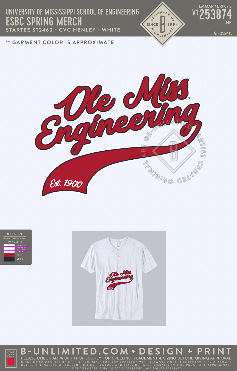 University of Mississippi School of Engineering - ESBC Spring Merch - Star Tee - ST2460 - SS Henley - White
