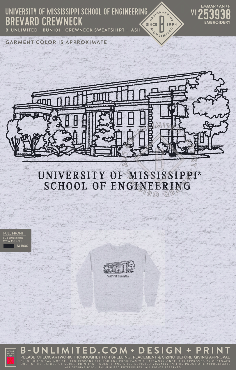 University of Mississippi School of Engineering - Brevard Crewneck - B-Unlimited BUN101 - Ash