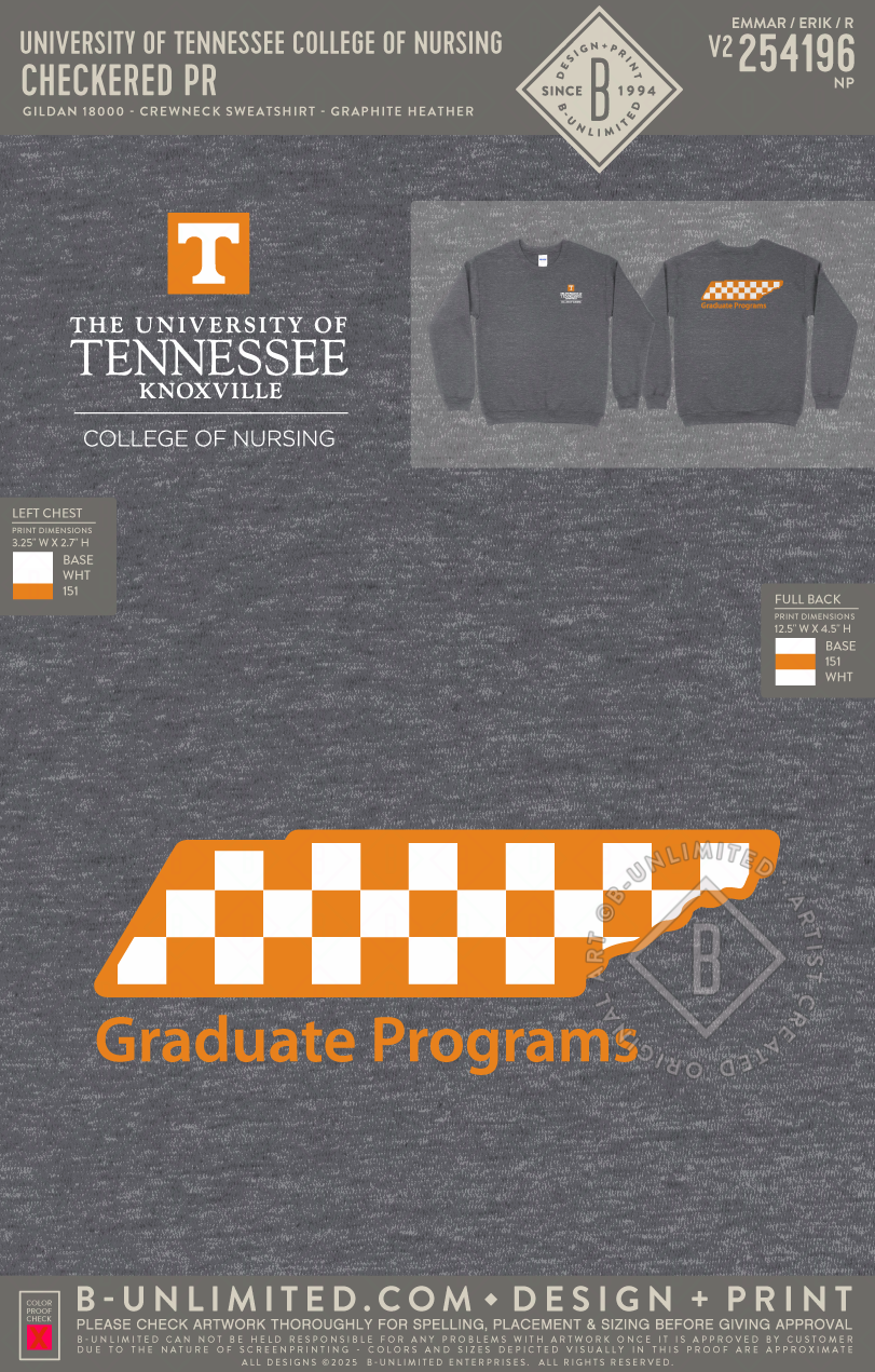 University of Tennessee College of Nursing - Checkered PR - Gildan - 18000 - Crewneck Sweatshirt - Graphite Heather
