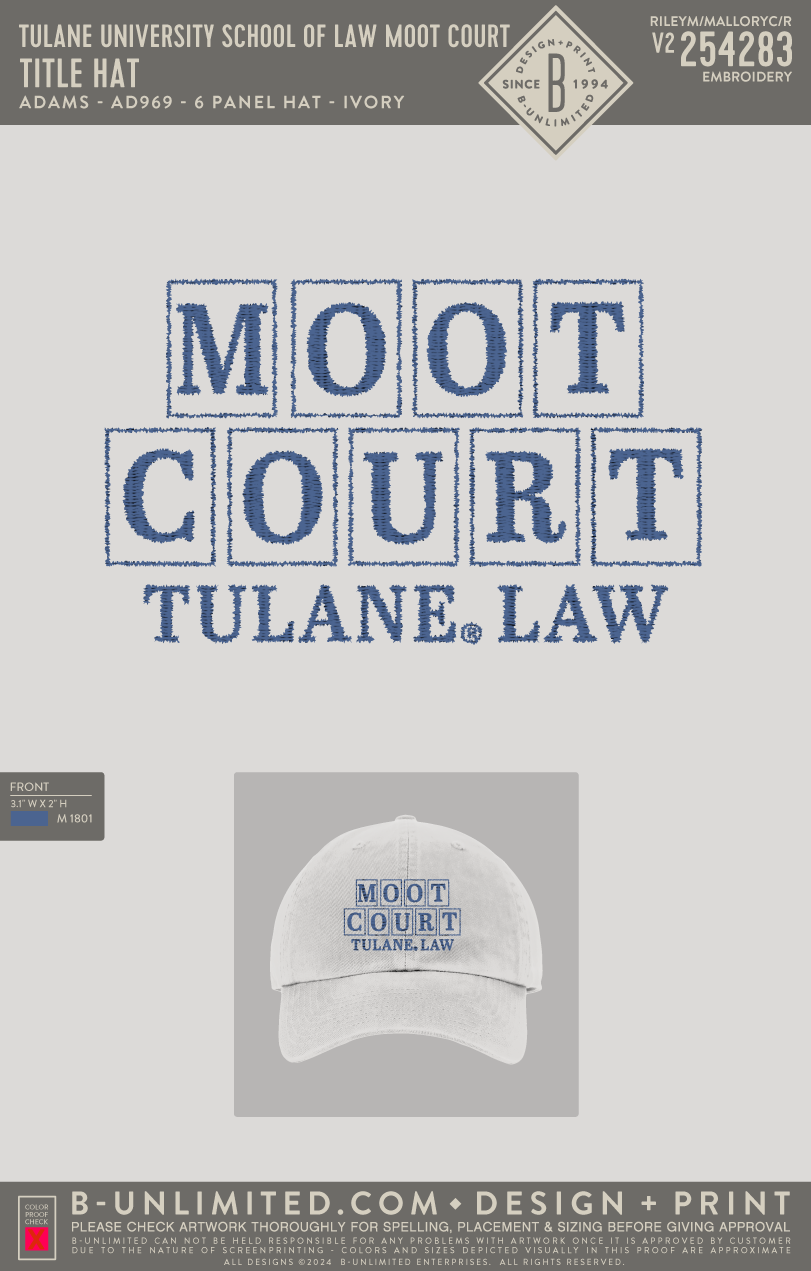Tulane University School of Law Moot Court - Title Hat - Adams - AD969 - Hat - Ivory