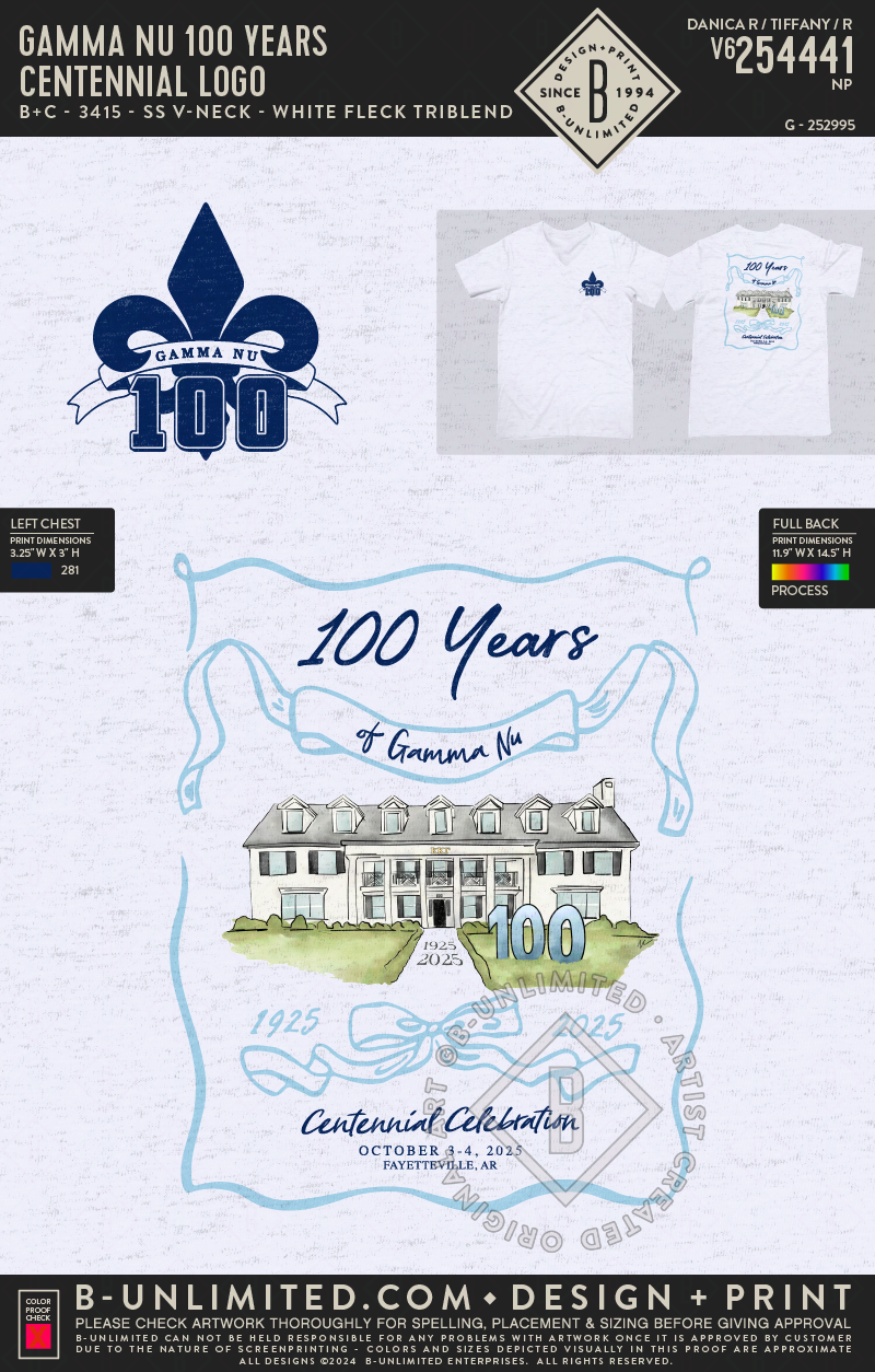 Gamma Nu 100 Years - Centennial Logo - B+C - 3415 - SS V-Neck - White Fleck Triblend