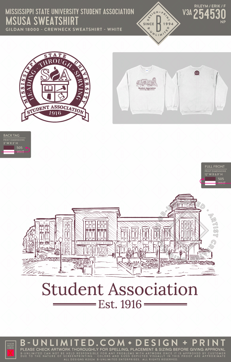 Mississippi State University Student Association - MSUSA Sweatshirt - Gildan - 18000 - Crewneck Sweatshirt - White