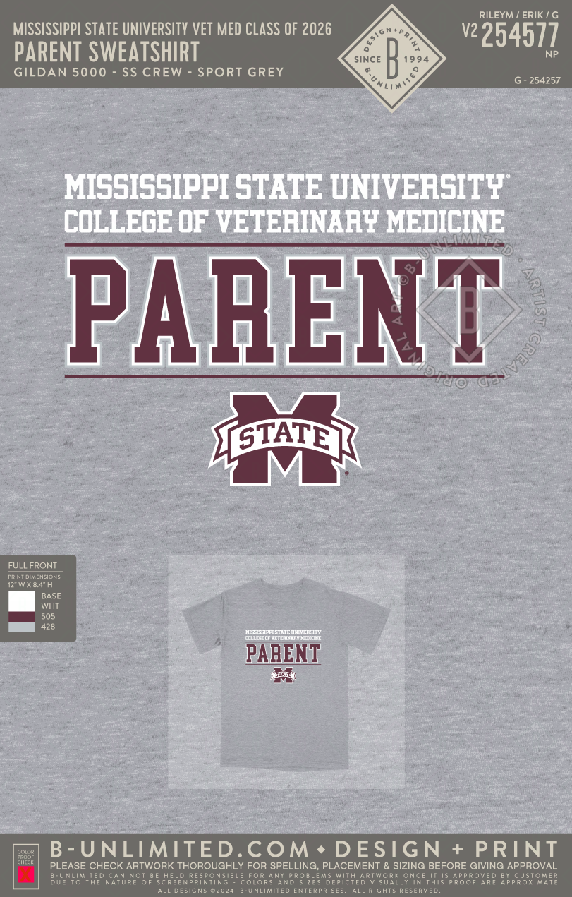 Mississippi State University Vet Med Class of 2026 - Parent Sweatshirt - Gildan - 5000 - SS Crew - Sport Grey