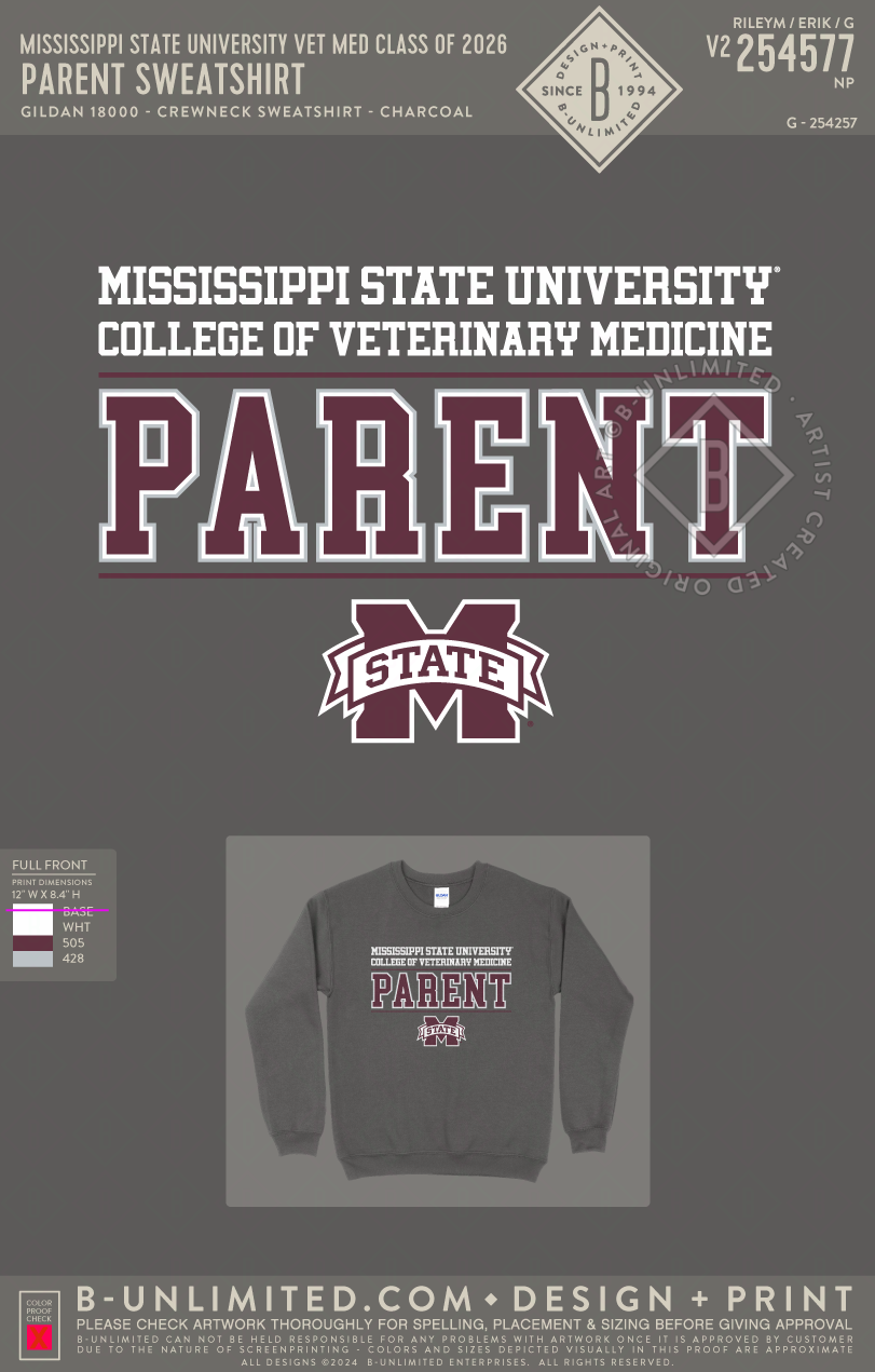 Mississippi State University Vet Med Class of 2026 - Parent Sweatshirt - Gildan - 18000 - Crewneck Sweatshirt - Charcoal