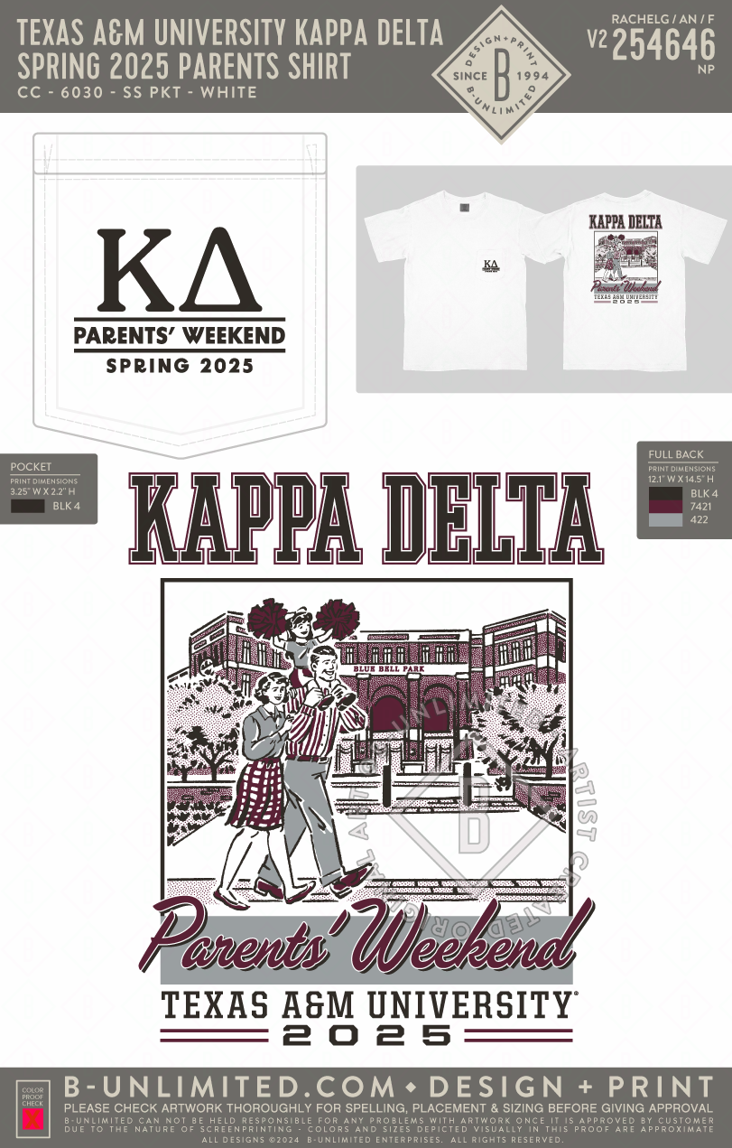 Texas A&M University Kappa Delta - Spring 2025 Parents Shirt - CC - 6030 - SS Pocket - White