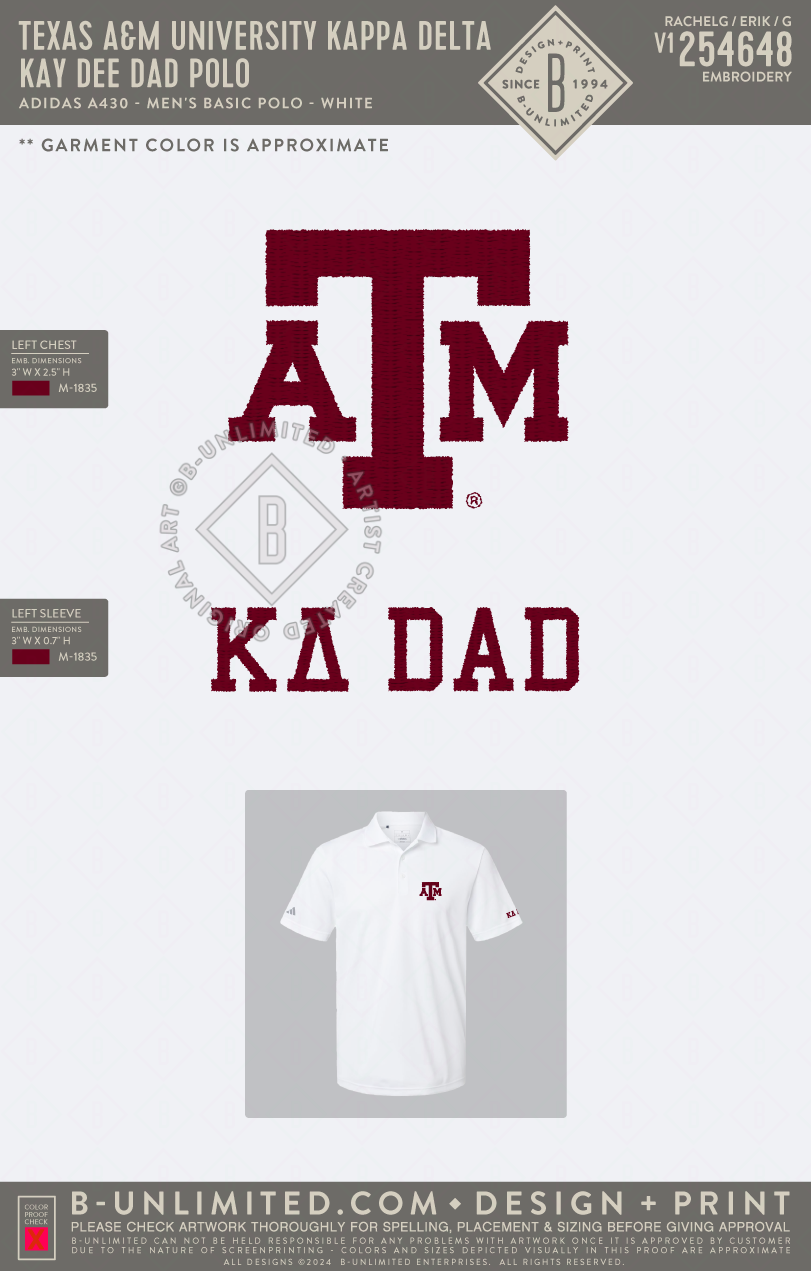 Texas A&M University Kappa Delta - Kay Dee Dad Polo - Adidas - A430 - Polo - White