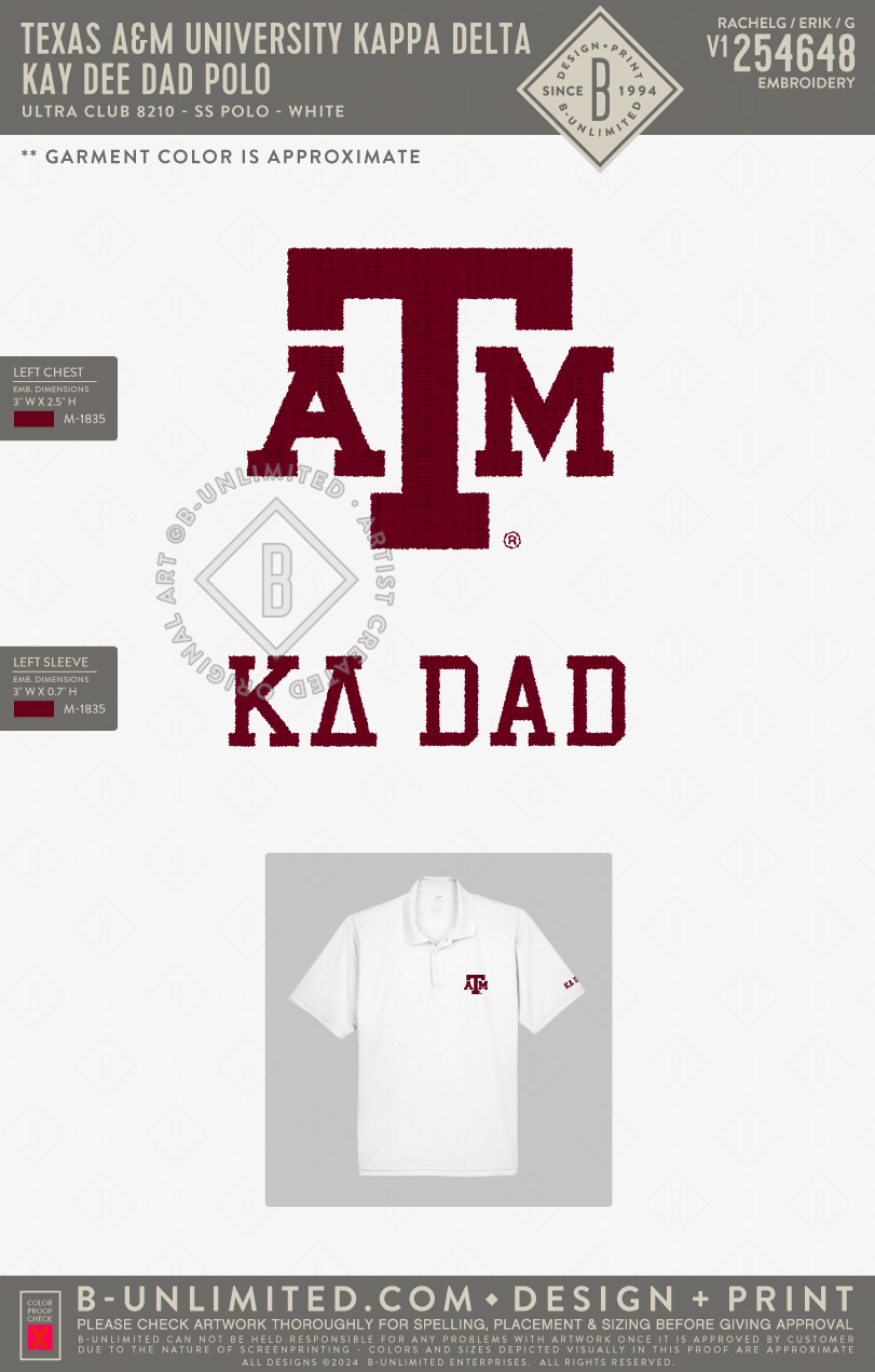 Texas A&M University Kappa Delta - Kay Dee Dad Polo - Ultra Club - 8210 - Dri Fit Polo - White